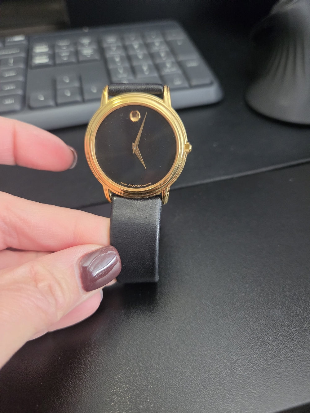 Movado Gold Tone Case Black Dial Leather Wristwatch